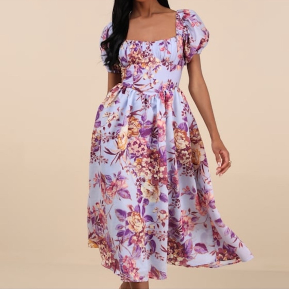 Lulus Adorable Tendencies NWT Medium Periwinkle Floral Puff Sleeve Midi Dress